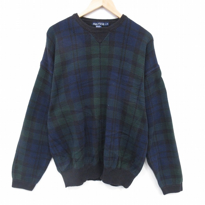 ノーティカ 90s 長袖セーター ワンポイントロゴ グリーンチェック XL | 古着
