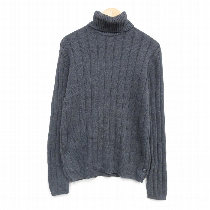 M★古着 カルバンクライン 長袖 セーター メンズ ワンポイントロゴ コットン タートルネック ハイネック 濃グレー 26jan27