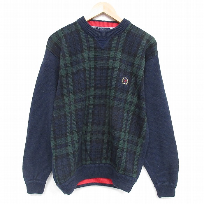 トミーヒルフィガー 90s 長袖セーター ワンポイントロゴ グリーンチェック M | 古着
