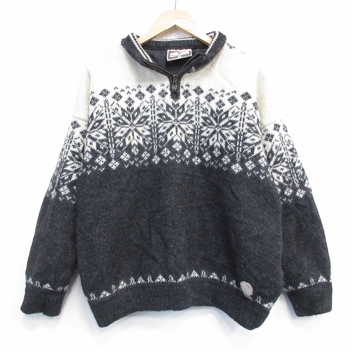 XL★古着 ダーレオブノルウェー 長袖 ハーフジップ ノルディック セーター メンズ 雪柄 ウール 濃グレー他 26jan28