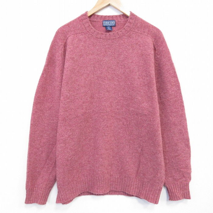 XL★古着 ランズエンド 長袖 セーター メンズ 90年代 90s 無地 ラグラン シェットランドウール クルーネック 濃ピンク 26jan29