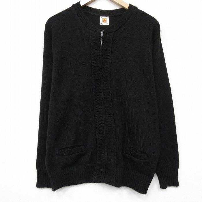 L★古着 長袖 フルジップ ニット カーディガン メンズ 00年代 00s 無地 アクリル クルーネック 黒 26jan30
