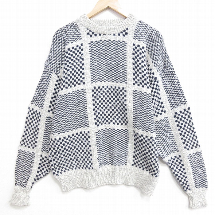 XL★古着 長袖 セーター メンズ 90年代 90s 大きいサイズ コットン クルーネック USA製 薄グレー他【spe】 26feb12