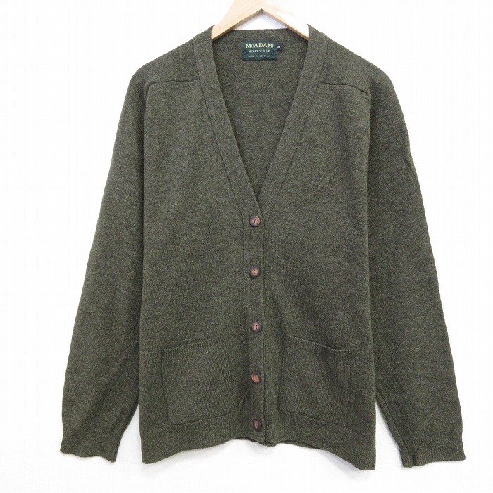 L★古着 長袖 ニット カーディガン メンズ 無地 ウール スコットランド製 濃緑【spe】 26feb12