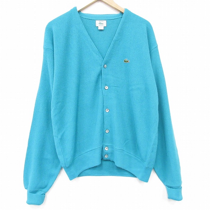 XL★古着 ラコステ IZOD 長袖 ニット カーディガン メンズ 90年代 90s ワンポイントロゴ アクリル USA製 青緑 26feb16