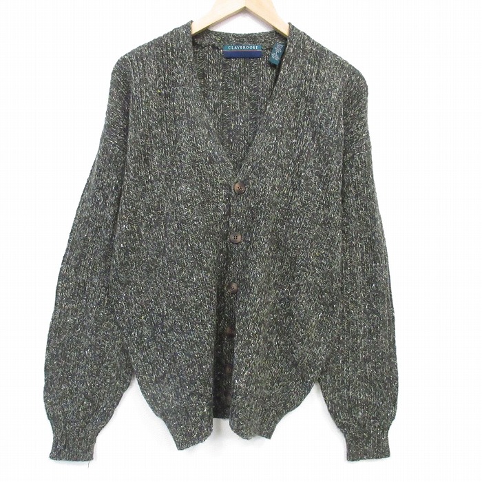 XL★古着 長袖 ニット カーディガン メンズ 大きいサイズ 濃緑 霜降り 26feb25