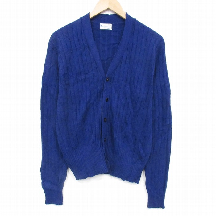 S★古着 長袖 ニット カーディガン メンズ 80年代 80s 無地 アクリル 紺 26feb25