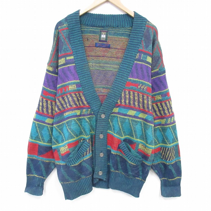 XL★古着 長袖 ニット カーディガン メンズ 80年代 80s 大きいサイズ クルーネック 緑他 26feb25