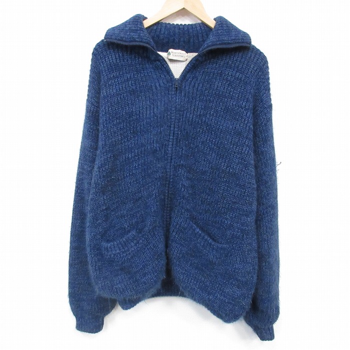 XL★古着 長袖 フルジップ ニット カーディガン メンズ アクリル 紺 霜降り 内側サーマル 26feb25