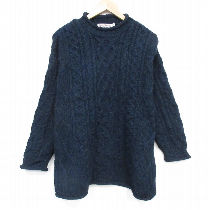 XL★古着 長袖 アラン フィッシャーマン ケーブル セーター メンズ 大きいサイズ ウール クルーネック アイルランド製 紺系 霜降り【spe】 26feb25