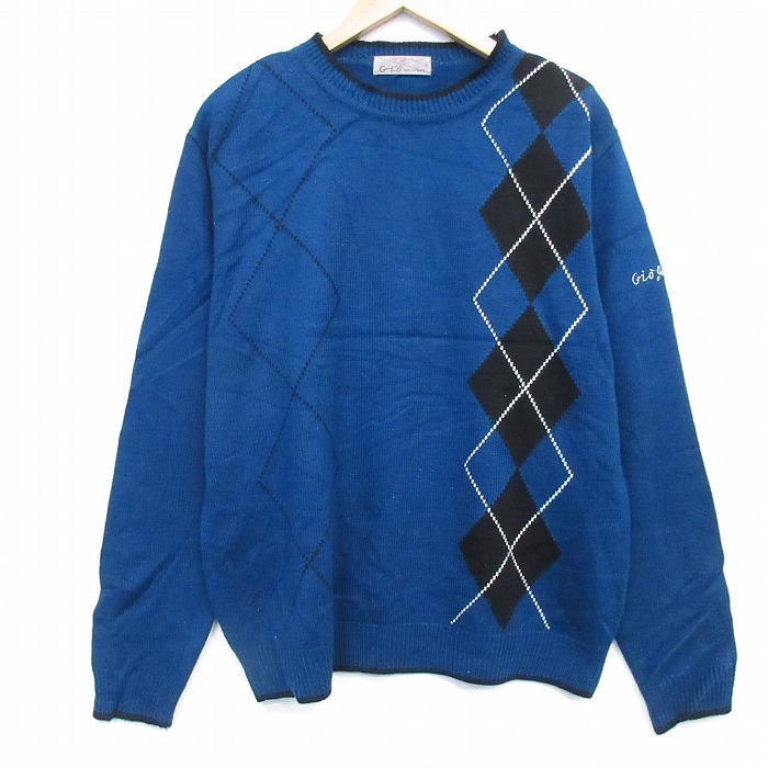 L★古着 長袖 セーター メンズ アーガイル クルーネック 青他 26feb28