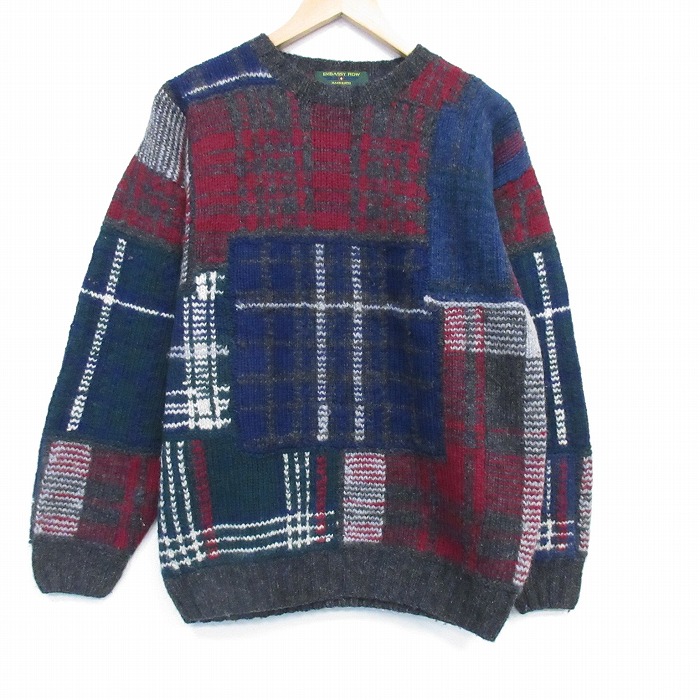 L★古着 長袖 セーター メンズ 手編み ウール クルーネック 濃グレー他 26feb28