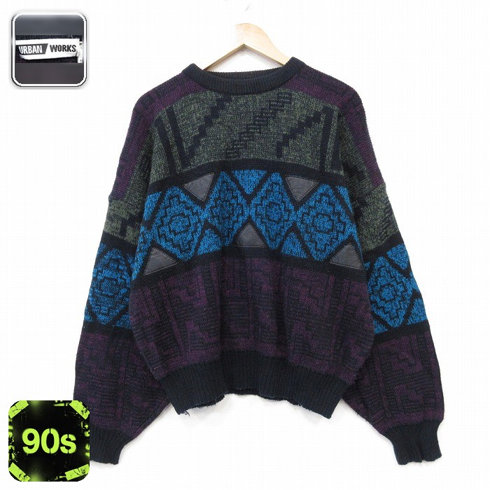長袖 セーター 90s アクリル クルーネック ブラック メンズXL相当 | 古着