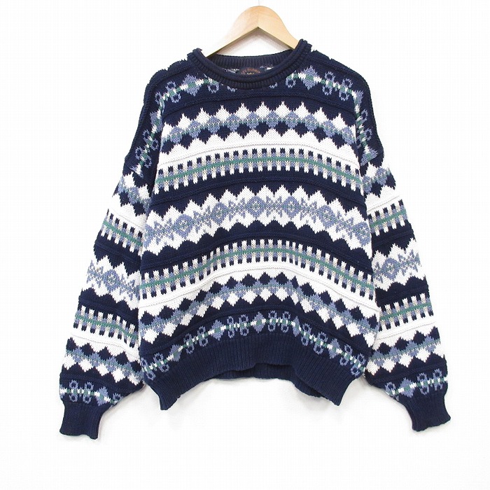 XL★古着 長袖 セーター メンズ 90年代 90s フェアアイル 大きいサイズ コットン クルーネック USA製 ネイビー 26aug04