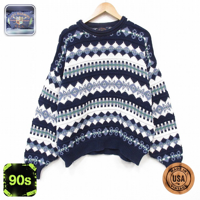 長袖 セーター 90s フェアアイル コットン クルーネック USA製 ネイビー メンズXL相当 | 古着
