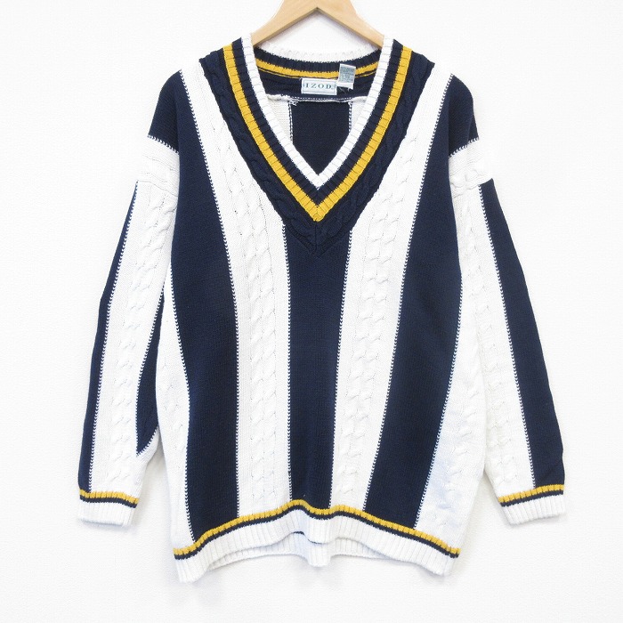 IZOD 90s ケーブルセーター ストライプ ホワイト メンズL相当 | 古着