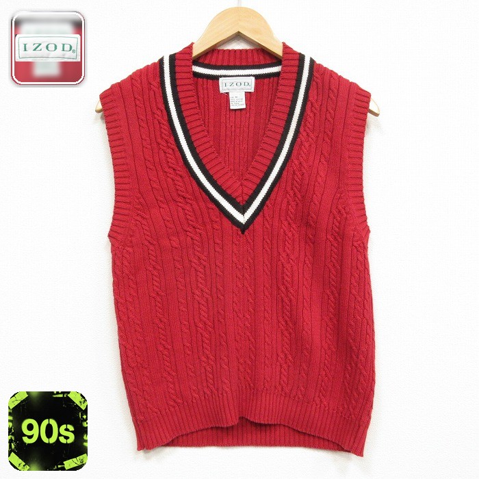 IZOD ニット ベスト コットン Vネック 90s メンズ ケーブル レッド S キッズ | 古着