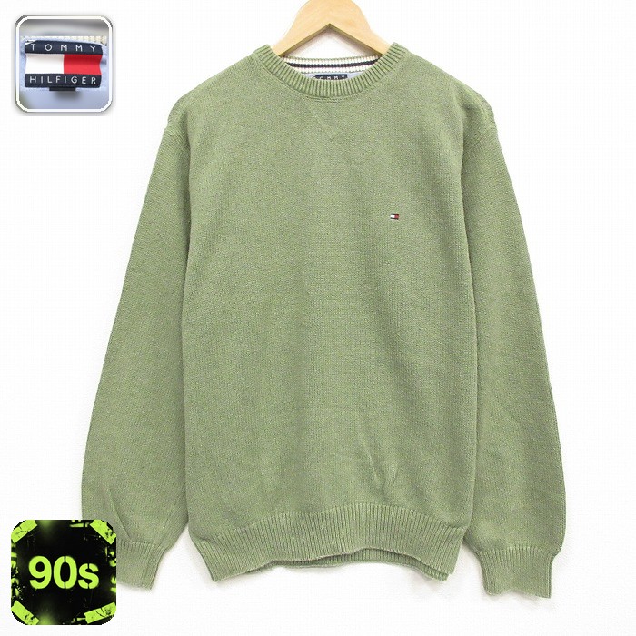トミーヒルフィガー 90s 長袖セーター ワンポイントロゴ グリーン メンズL相当 | 古着