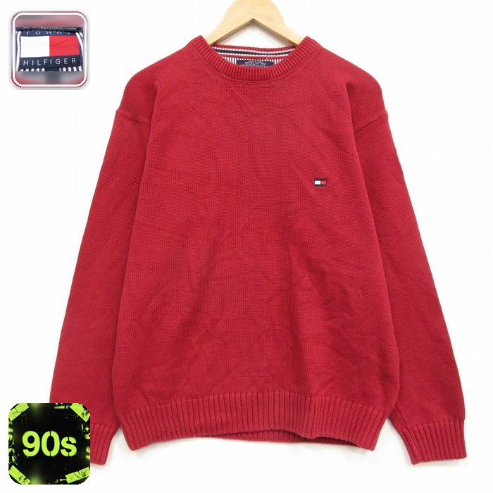 トミーヒルフィガー 90s 長袖セーター ワンポイントロゴ レッド メンズL相当 | 古着