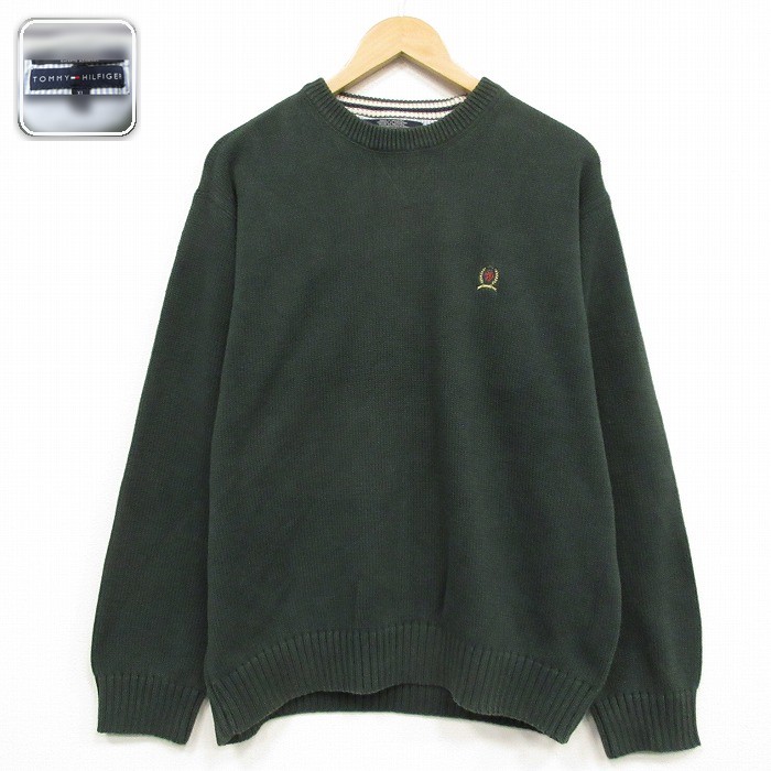 トミーヒルフィガー 長袖セーター ワンポイントロゴ グリーン メンズL相当 | 古着