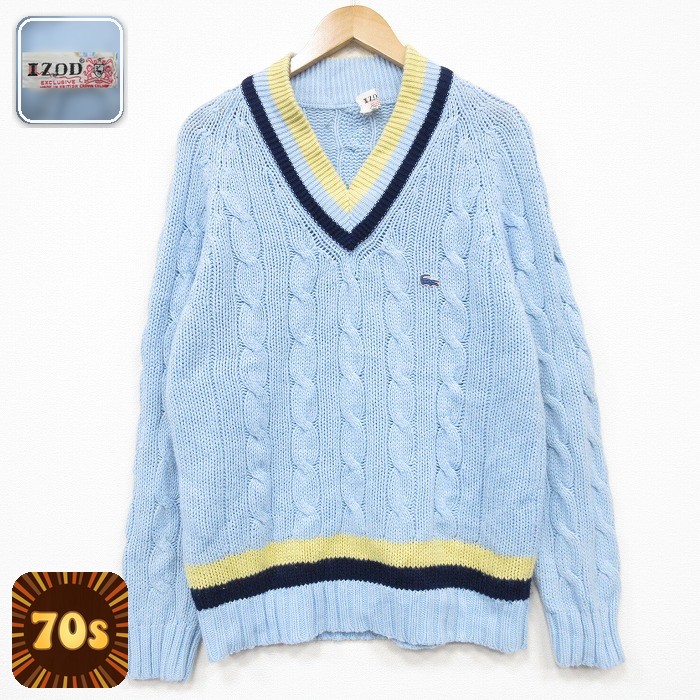 IZOD 70s 長袖セーター チルデン ケーブル ラグラン ライトブルー メンズM相当 | 古着