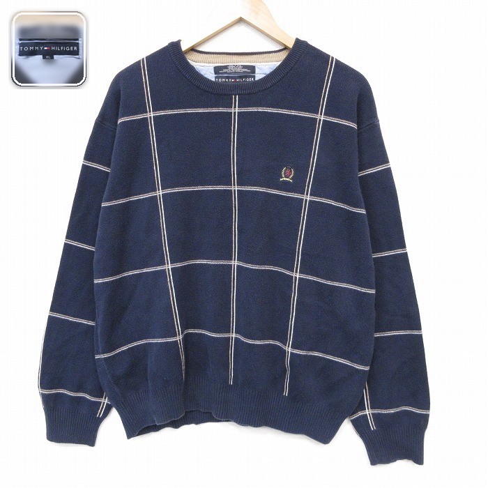 トミーヒルフィガー 長袖セーター ワンポイントロゴ ネイビー メンズXL相当 | 古着