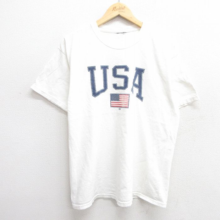 L★古着 半袖 Tシャツ メンズ USAロゴ 星条旗 クルーネック 白 ホワイト 25apr08 中古
