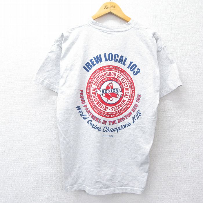XL★古着 半袖 Tシャツ メンズ MLB ボストンレッドソックス IBEW コットン クルーネック USA製 薄グレー 霜降り メジャーリーグ ベースボール 野球 25aug22 中古