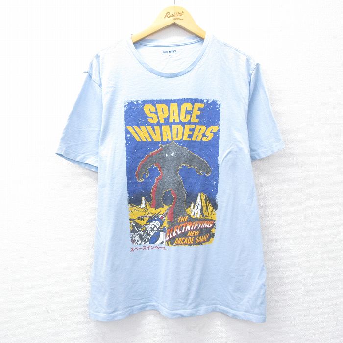【50%OFF】XL★古着 オールドネイビー OLD NAVY 半袖 Tシャツ メンズ ゲーム スペースインベーダー コットン クルーネック 薄紺 ネイビー 25aug22 中古
