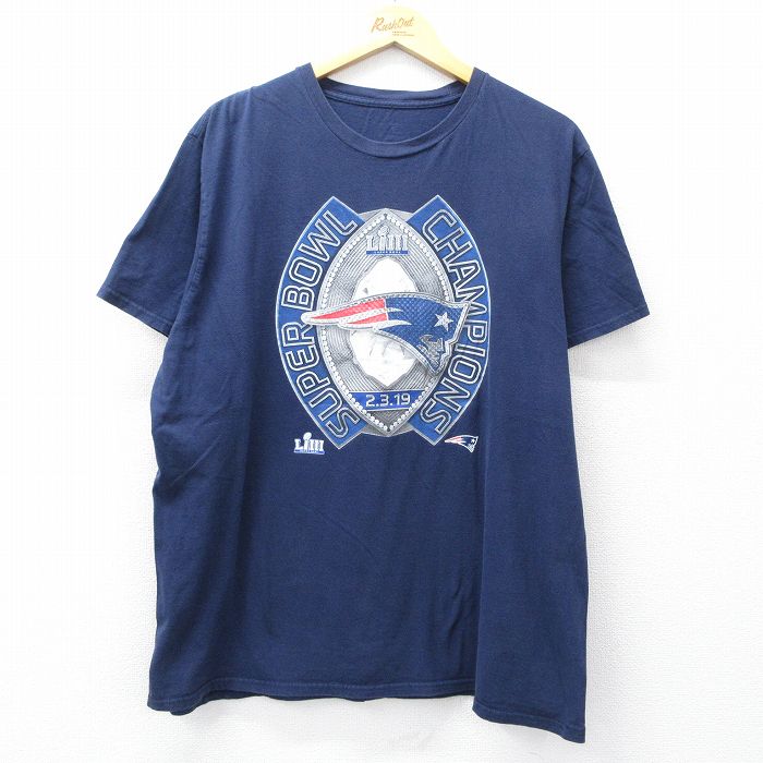XL★古着 半袖 Tシャツ メンズ NFL ニューイングランドペイトリオッツ クルーネック 紺 ネイビー アメフト スーパーボウル 25aug22 中古