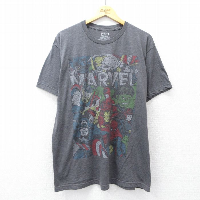 XL★古着 半袖 Tシャツ メンズ マーベル アイアンマン スパイダーマン 大きいサイズ クルーネック 濃グレー 霜降り 25aug22 中古