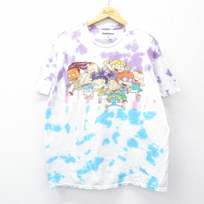 XL★古着 半袖 Tシャツ メンズ アニメ ニコロデオン コットン クルーネック 白他 ホワイト タイダイ 25aug22 中古