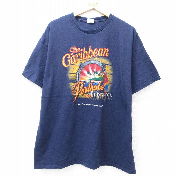 【20%OFF】XL★古着 半袖 Tシャツ メンズ Caribbiean 大きいサイズ コットン クルーネック 紺 ネイビー 25aug22 中古