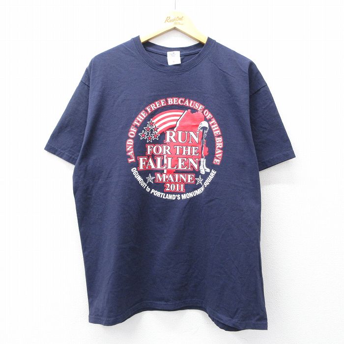 XL★古着 半袖 Tシャツ メンズ RUN FALLEN コットン クルーネック 紺 ネイビー 25aug22 中古