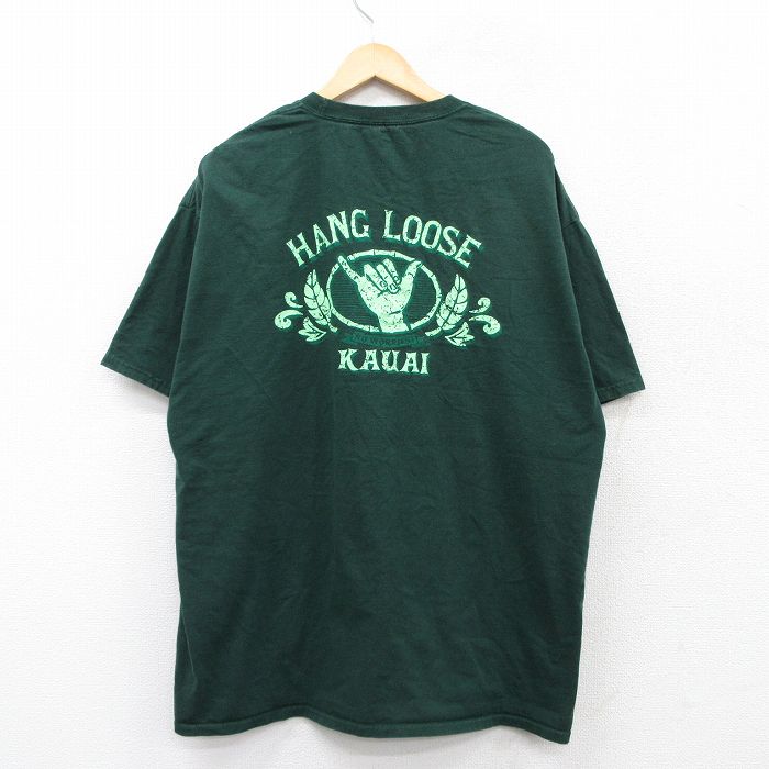 XL★古着 ヘインズ Hanes 半袖 Tシャツ メンズ ハンドサイン カウイ 大きいサイズ コットン クルーネック 緑 グリーン 25aug23 中古