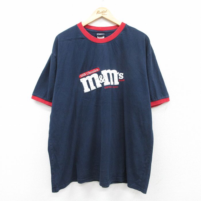XL★古着 半袖 Tシャツ メンズ ｍ&ｍs 刺繍 大きいサイズ コットン クルーネック 紺 ネイビー リンガー 25aug23 中古
