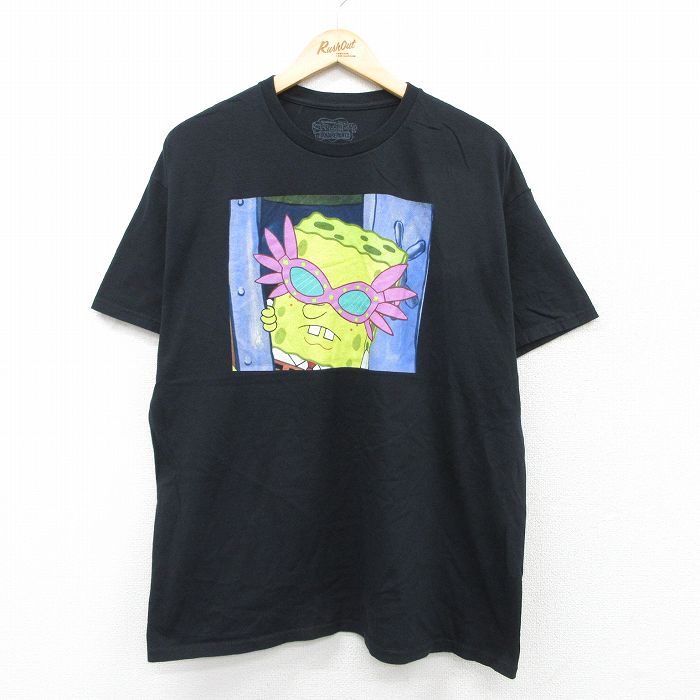 XL★古着 半袖 Tシャツ メンズ アニメ ニコロデオン スポンジボブ コットン クルーネック 黒 ブラック 25aug23 中古