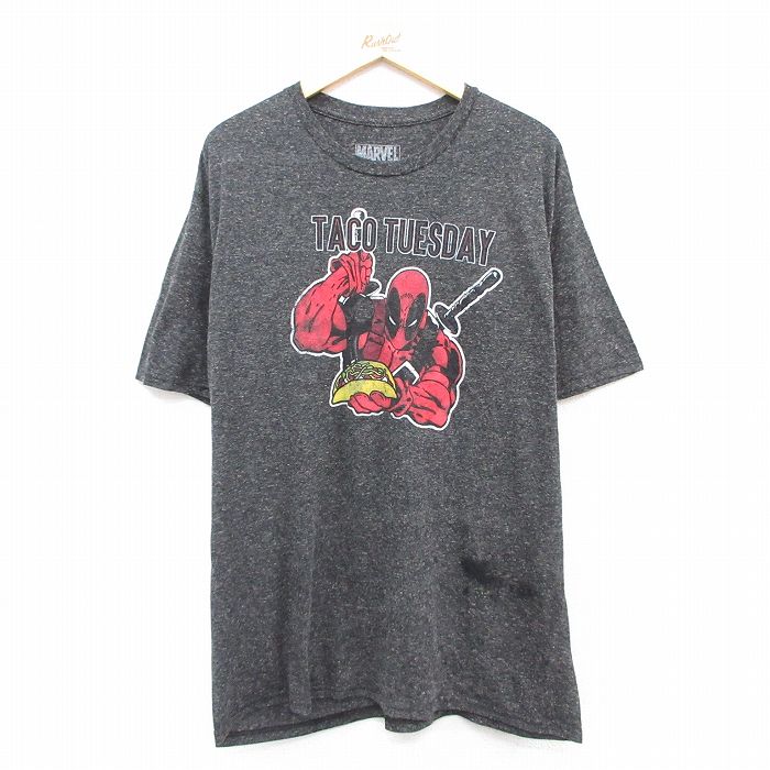 【50%OFF】XL★古着 半袖 Tシャツ メンズ マーベル デッドプール 大きいサイズ クルーネック 黒 ブラック 霜降り 25aug23 中古