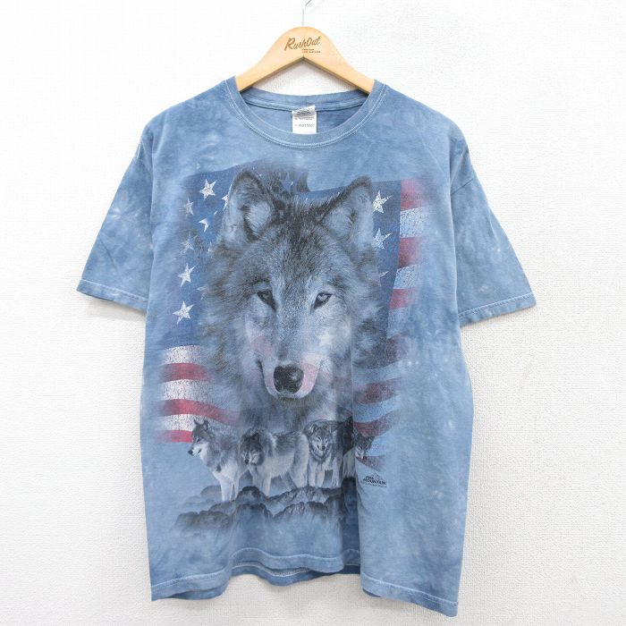 【20%OFF】L★古着 半袖 Tシャツ メンズ オオカミ コットン クルーネック 薄紺他 ネイビー タイダイ 25aug25 中古