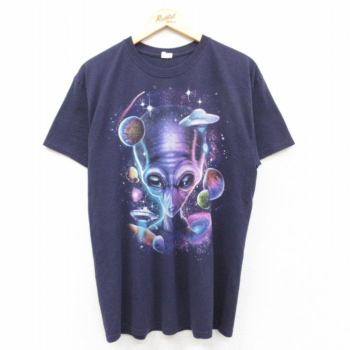 【50%OFF】L★古着 半袖 Tシャツ メンズ 宇宙人 クルーネック 紫系 パープル 霜降り 25aug25 中古