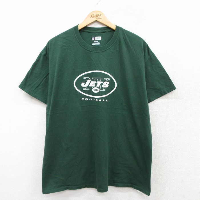 XL★古着 半袖 Tシャツ メンズ NFL ニューヨークジェッツ 大きいサイズ コットン クルーネック 緑 グリーン アメフト スーパーボウル 25aug25 中古