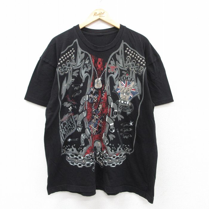 XL★古着 半袖 Tシャツ メンズ ロック スカル ベスト フェイク 大きいサイズ クルーネック 黒 ブラック 25aug25 中古