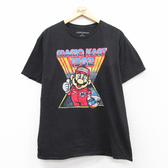 XL★古着 半袖 Tシャツ メンズ ゲーム ニンテンドー スーパーマリオ コットン クルーネック 黒 ブラック 25aug26 中古