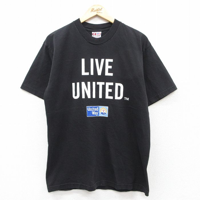 L★古着 半袖 Tシャツ メンズ LIVE UNITED コットン クルーネック USA製 黒 ブラック 25aug26 中古