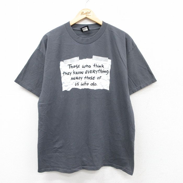 XL★古着 半袖 Tシャツ メンズ メッセージ コットン クルーネック 濃グレー 25aug26 中古