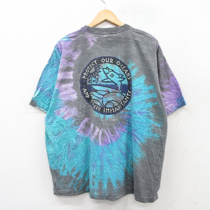 XL★古着 半袖 Tシャツ メンズ サメ サーフィン 青緑他 タイダイ 25aug26 中古