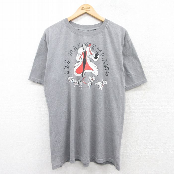 【20%OFF】XL★古着 半袖 Tシャツ メンズ ディズニー DISNEY 101匹のわんちゃん クルエラ 大きいサイズ クルーネック グレー 霜降り 25aug26 中古