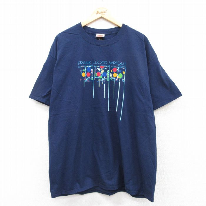 XL★古着 ヘインズ Hanes 半袖 Tシャツ メンズ フランクロイドライト アート 大きいサイズ ロング丈 コットン クルーネック 紺 ネイビー 【spe】 25aug26 中古