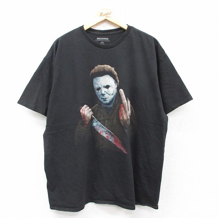 【50%OFF】XL★古着 半袖 Tシャツ メンズ ホラー映画 ハロウィン 大きいサイズ コットン クルーネック 黒 ブラック 【spe】 25aug26 中古