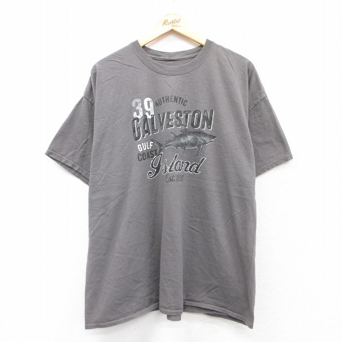 【50%OFF】XL★古着 半袖 Tシャツ メンズ GALVESTON サメ 大きいサイズ クルーネック グレー系 25aug26 中古